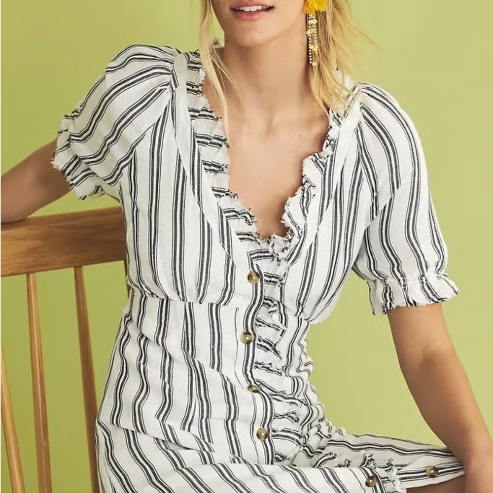 Pilcro Anthropologie Linen Striped White and Black Dress 8